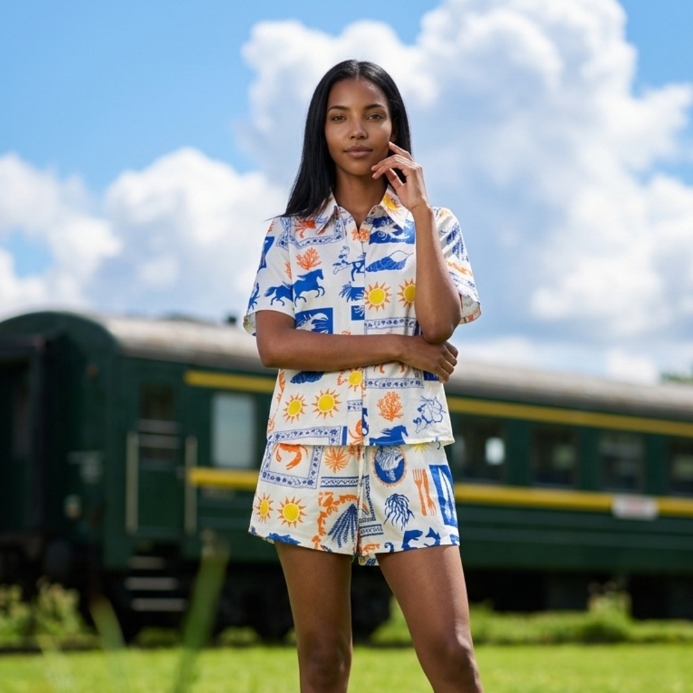Endless MCON Coastal Print Matching Set NWT S Shirt Shorts Euro Summer Fit